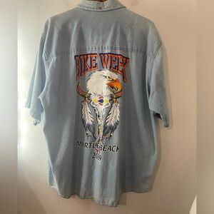 Vintage Bike Light Blue Short-Sleeve Denim Button-Down with large back Graphic